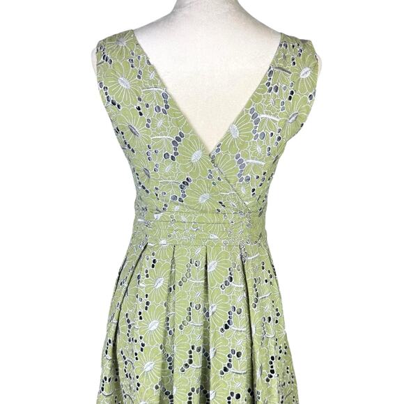eShakti Sage Green Embroidered Eyelet Floral Fit & Flare Sleeveless Pleat Dress - Picture 6 of 13